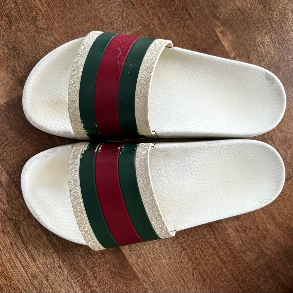 Gucci White Slides with Red and Green Stripes
